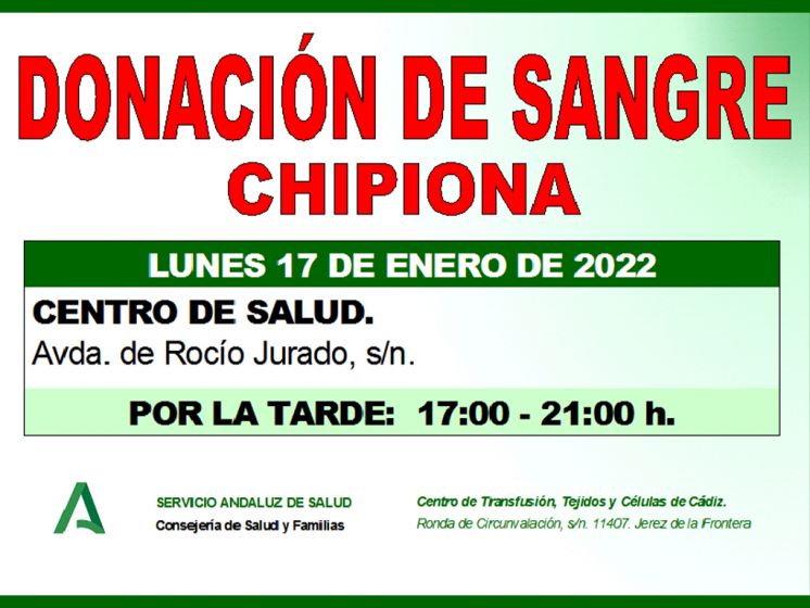 Llamamiento a una donación colectiva de sangre en Chipiona el lunes 17 de enero debido a las bajas reservas