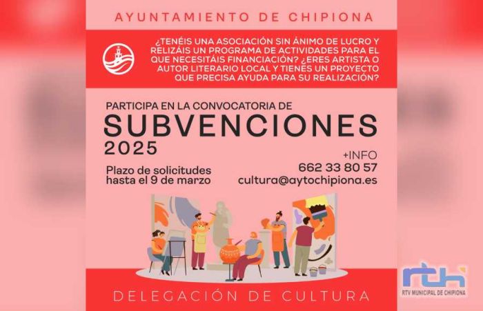 Mañana se abre el plazo solicitudes de subvenciones para asociaciones culturales, artistas y autores literarios chipioneros