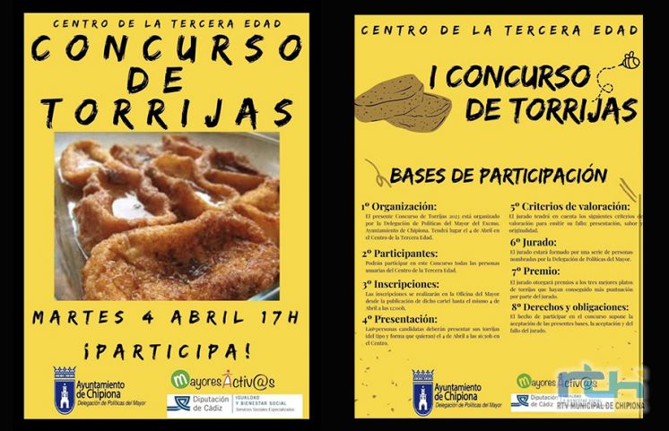 El martes 4 de abril tendrá lugar un concurso de torrijas en el Centro de Mayores de Chipiona