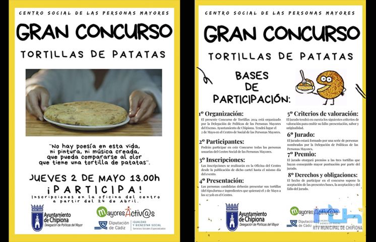 La Delegación de Políticas de las Personas Mayores organiza un concurso de tortillas de patatas para el día 2 de mayo