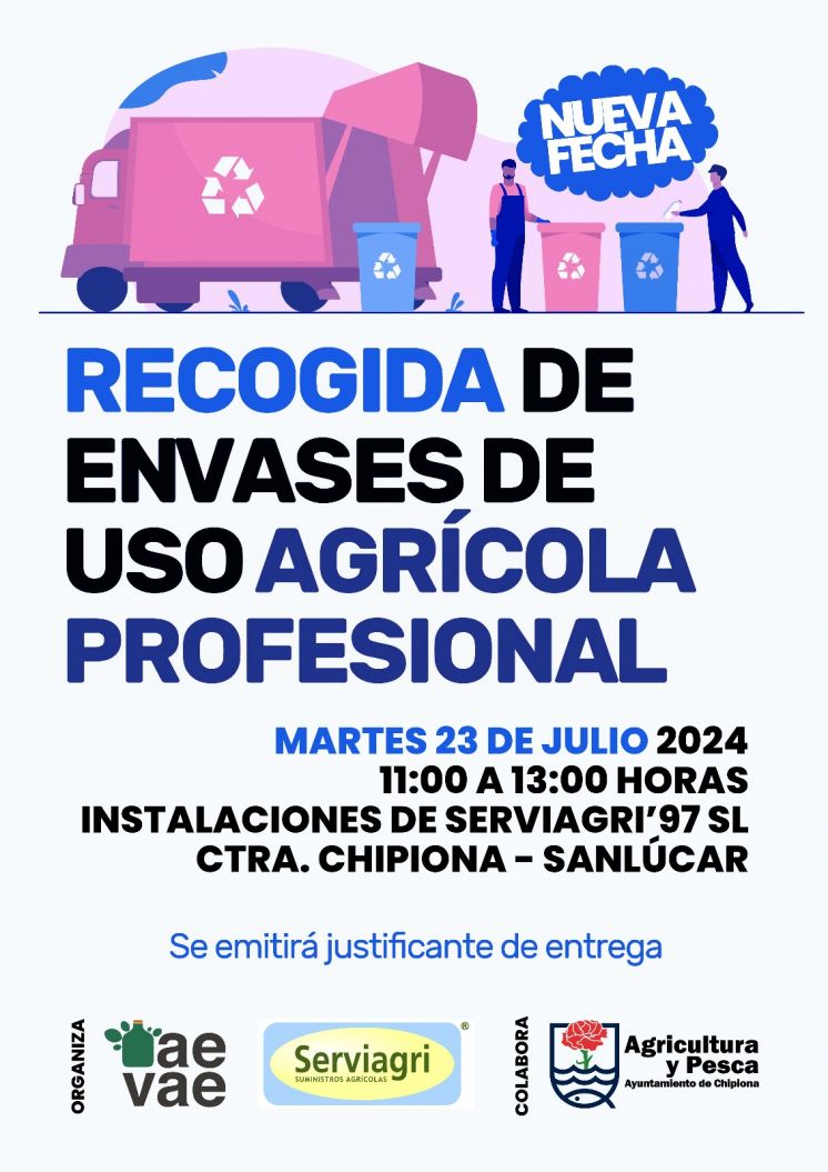 Mañana martes 23 de julio tendrá lugar en Chipiona una nueva recogida de envases de uso agrícola profesional en la localidad