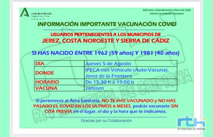 El jueves 5 de agosto pueden vacunarse en IFECA Jerez los nacidos entre  1962 y 1981 que no lo hayan hecho hasta ahora