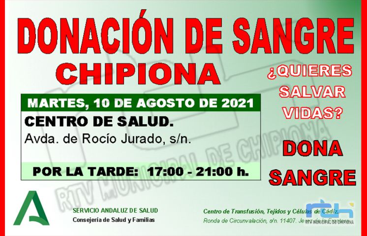 Llamamiento una nueva donación colectiva de sangre en Chipiona el  martes 10 de agosto