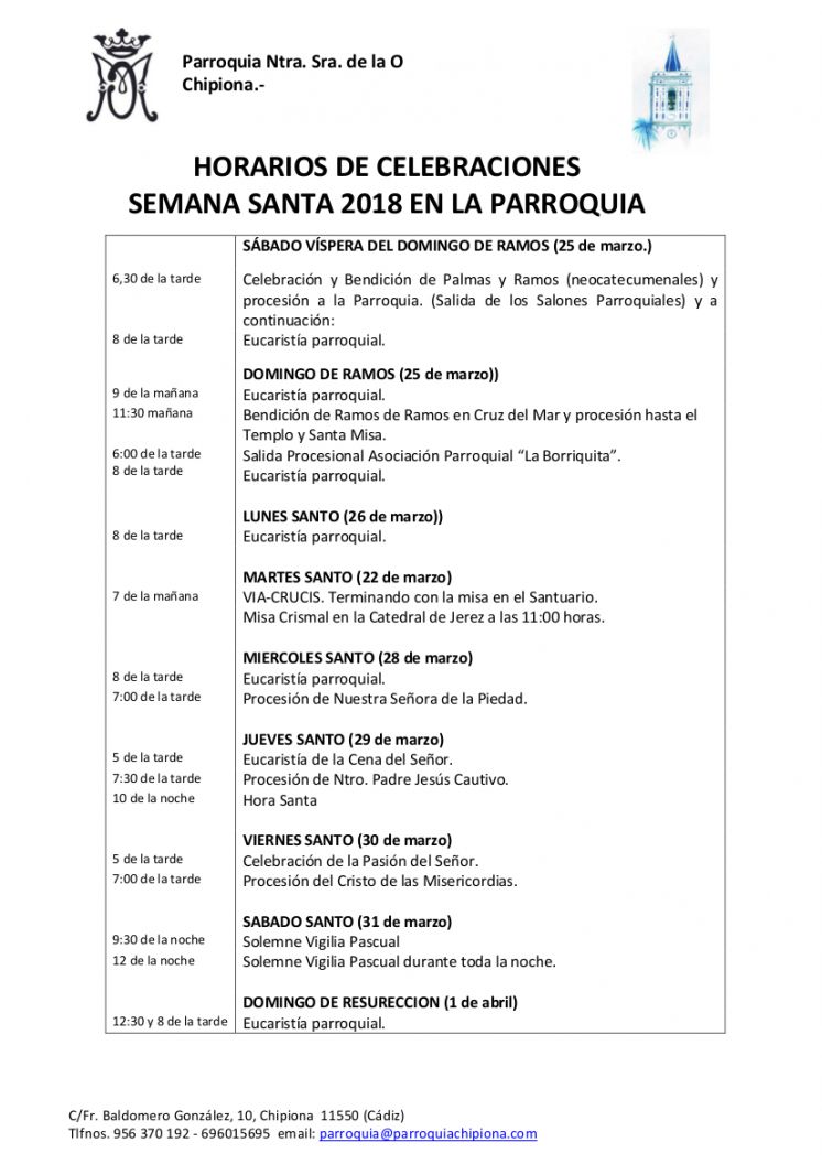 La Parroquia Nuestra Señora de la O publica los actos y horarios de celebraciones de la Semana Santa de 2018