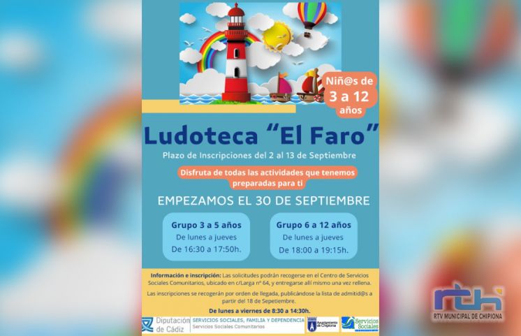 El lunes 2 de septiembre se abre el plazo de inscripciones para el servicio municipal de ludoteca de Chipiona