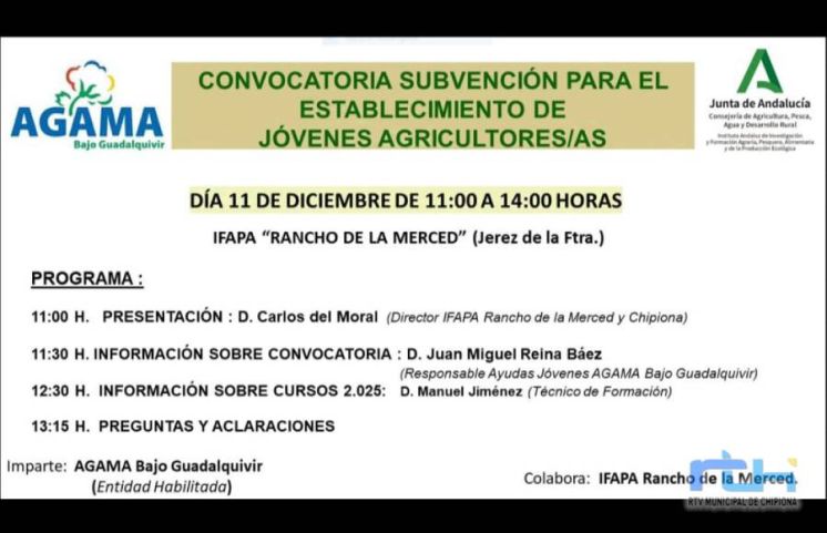 Sesión sobre la convocatoria de subvenciones para establecimiento de jóvenes en la agricultura el 11 de diciembre en el IFAPA de Jerez